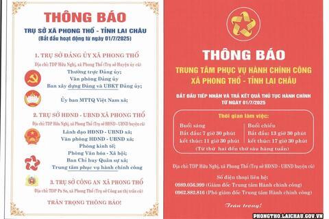 Thông báo Trung tâm phục vụ hành chính công xã Phong Thổ